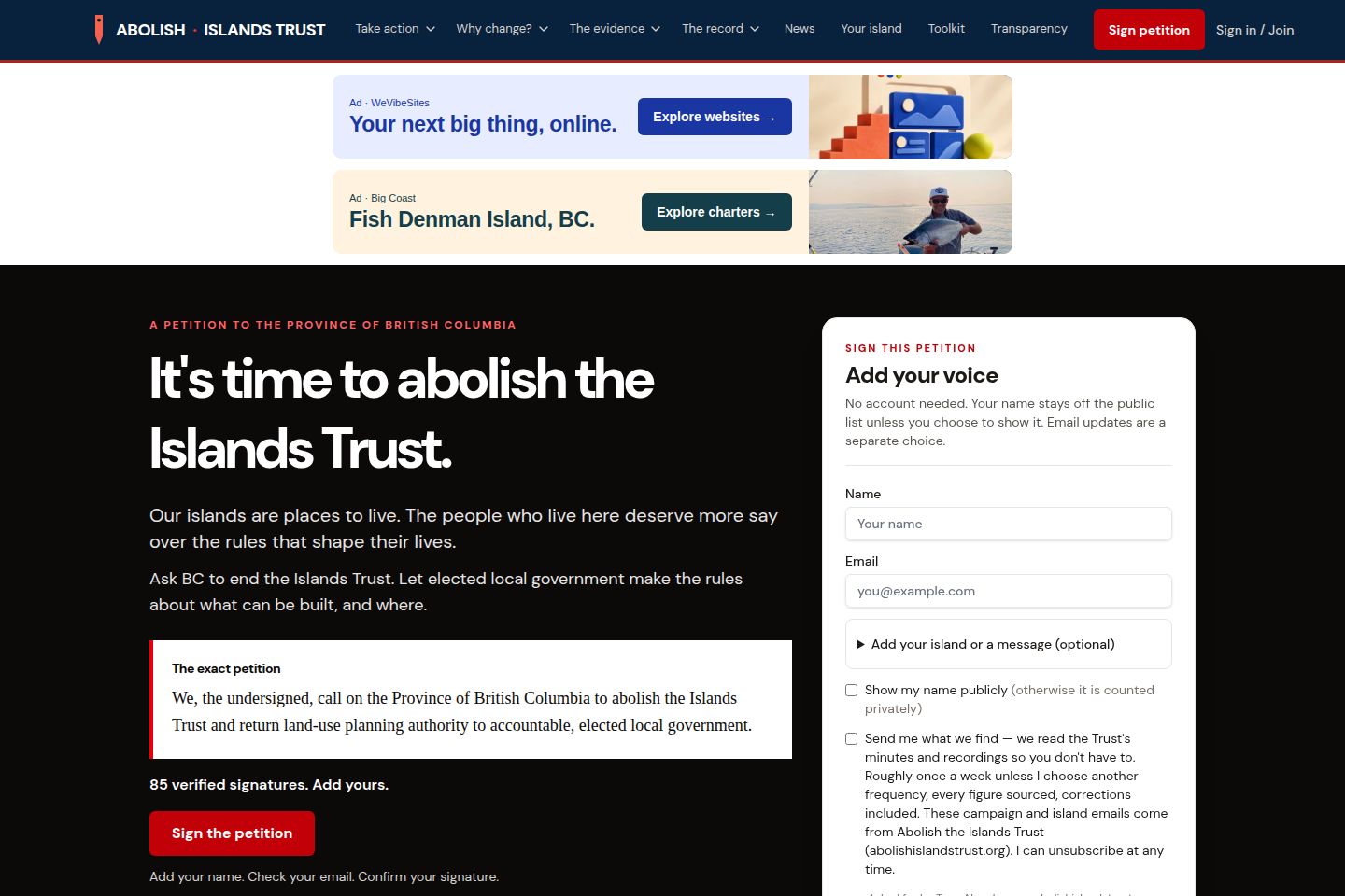 Public website screenshot of Abolish Islands Trust