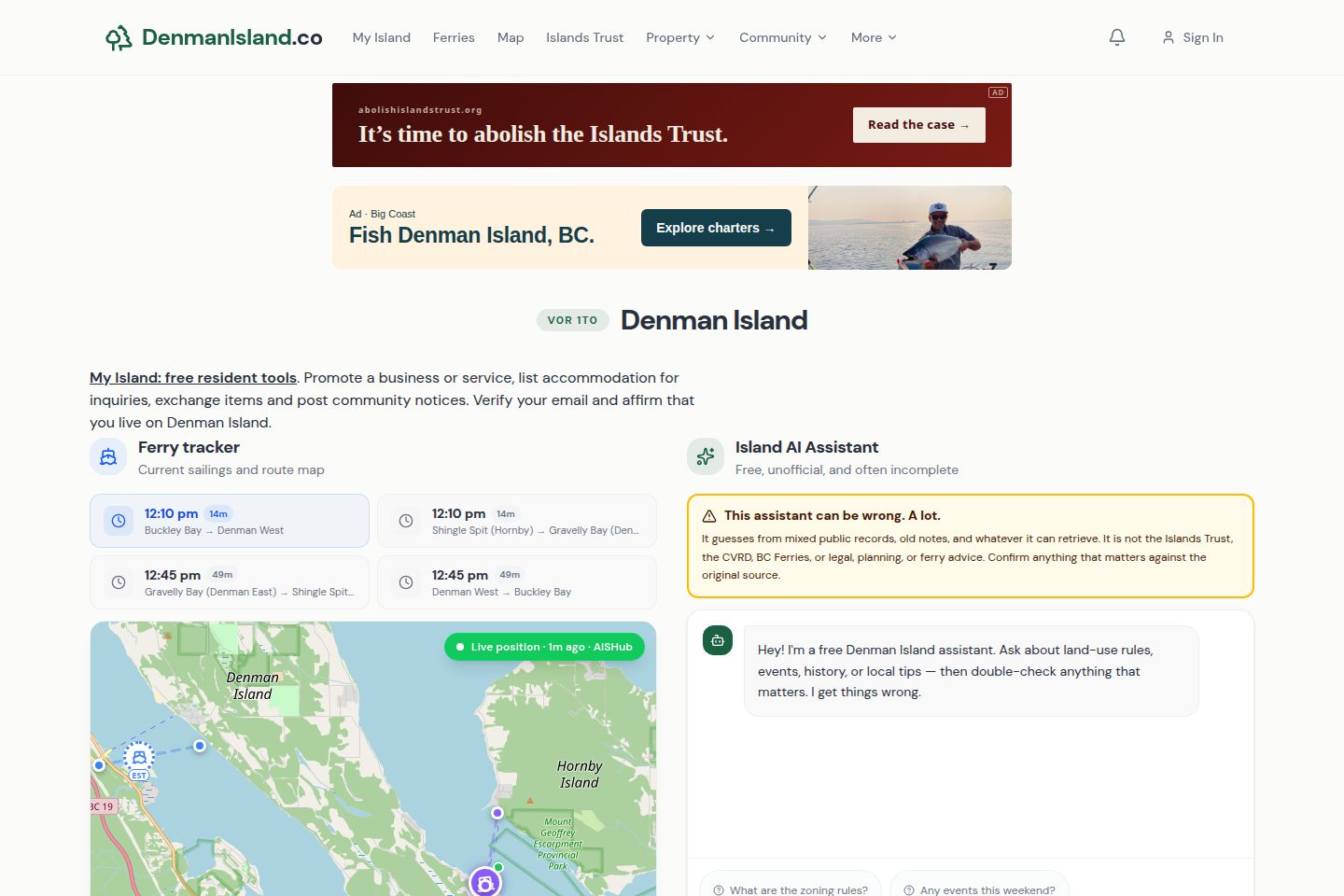 Public website screenshot of Denman Island