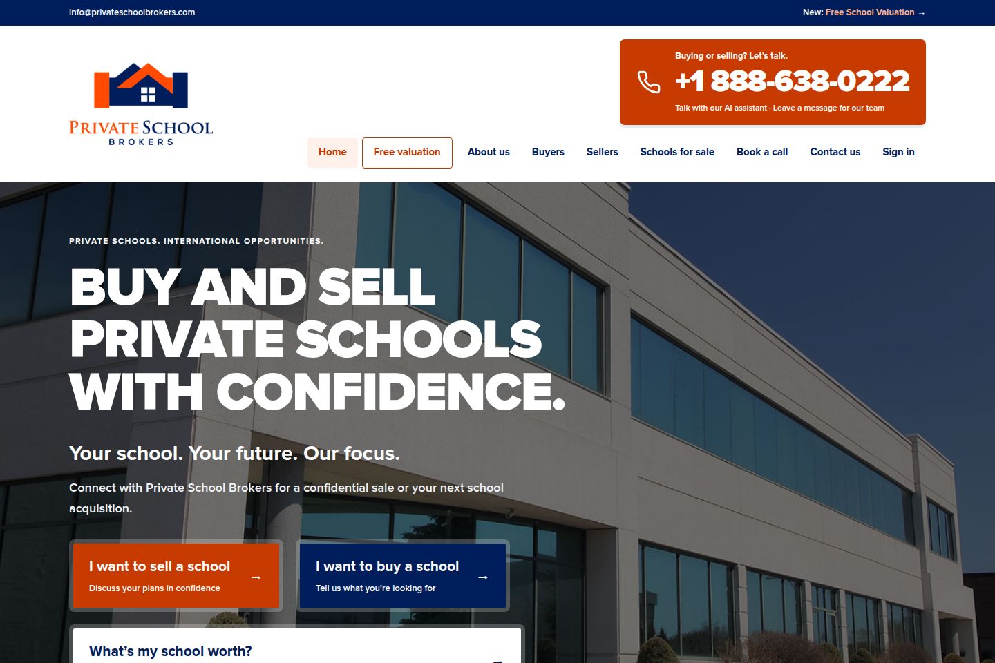 Public website screenshot of Private School Brokers