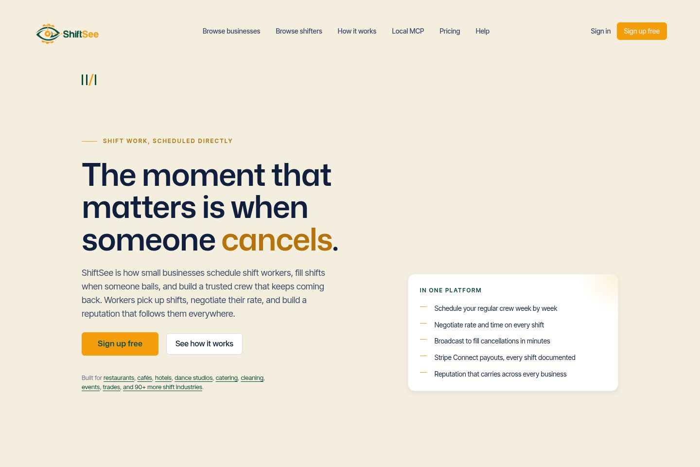 Public website screenshot of ShiftSee