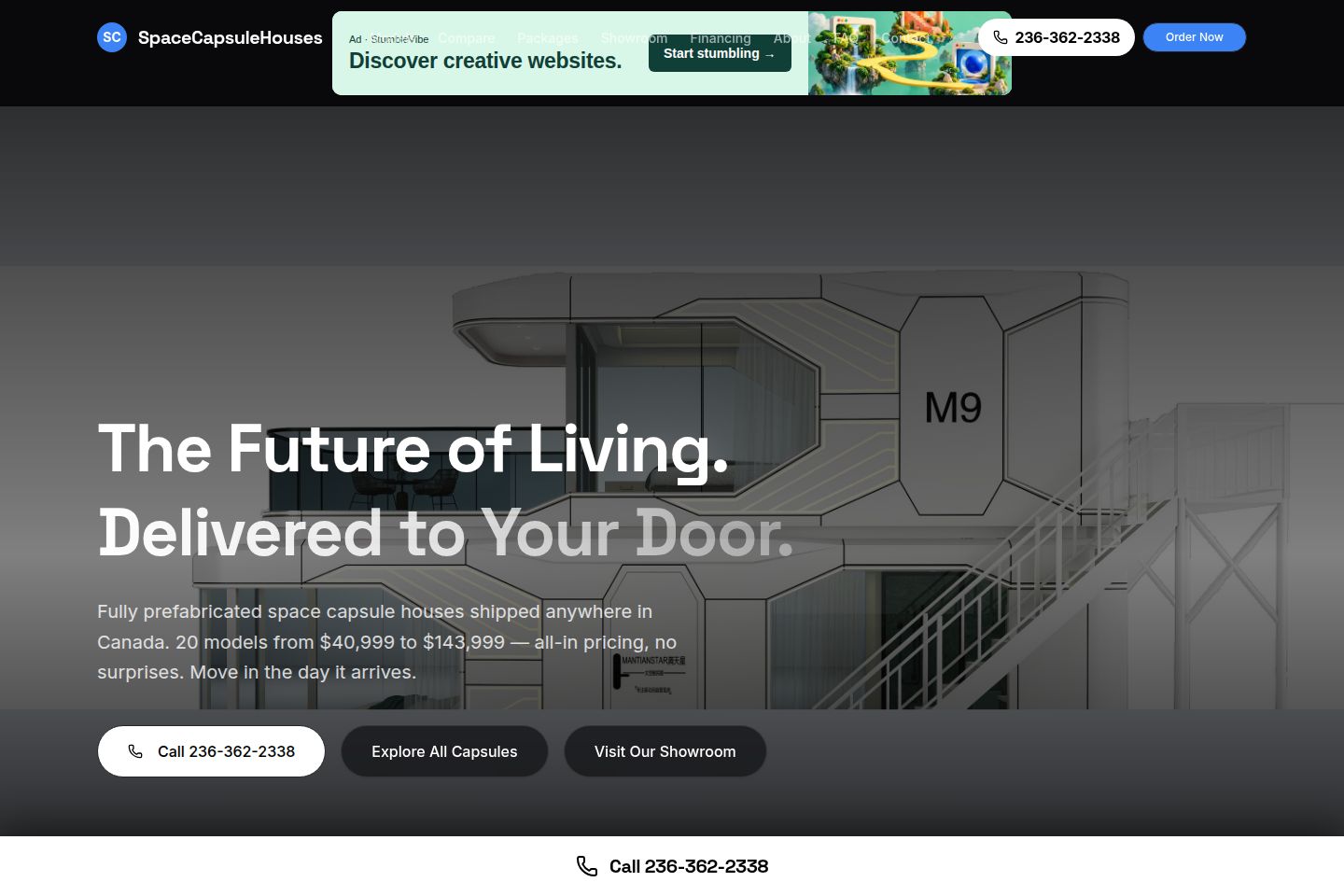 Public website screenshot of Spacecapsule Houses