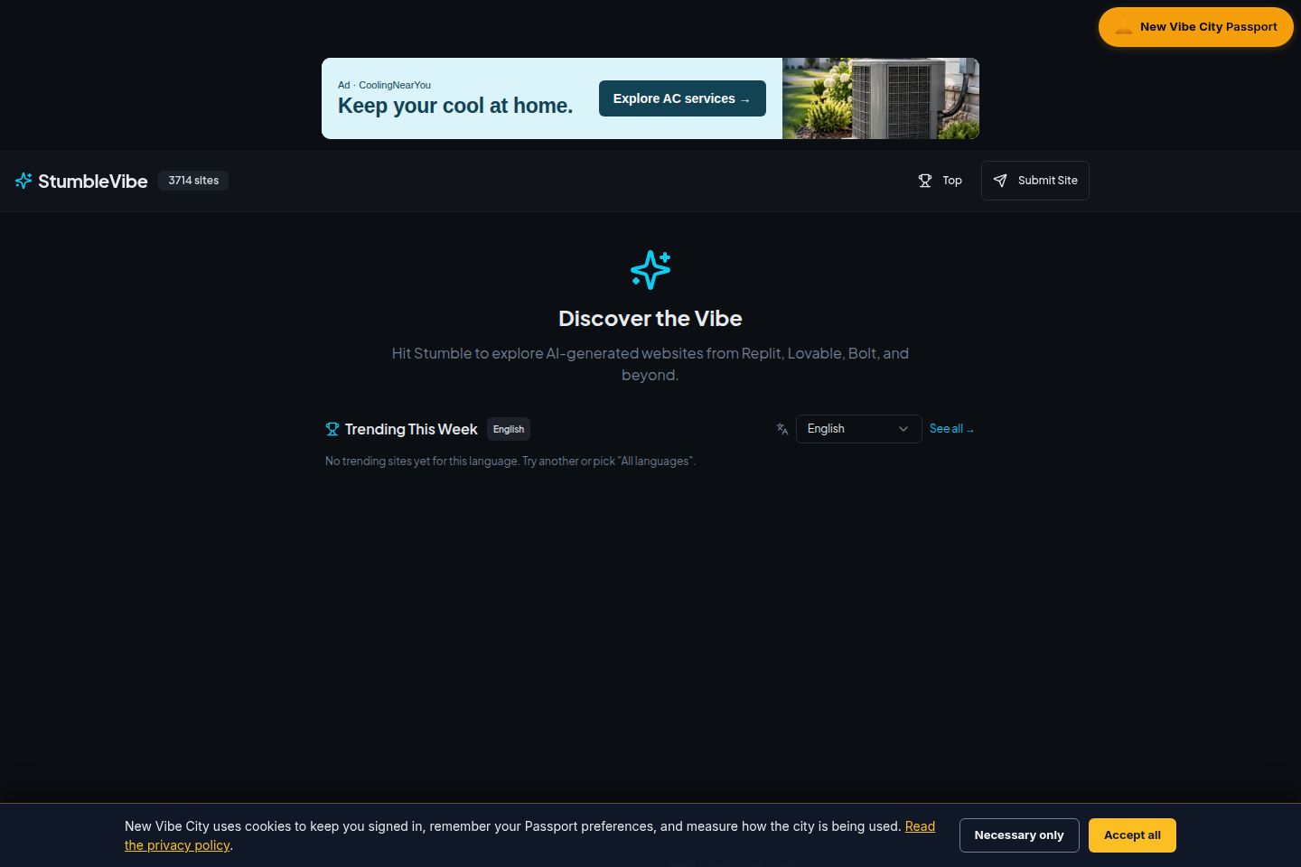 Public website screenshot of StumbleVibe