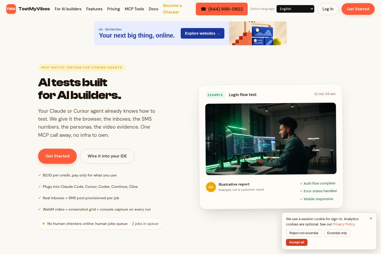 Public website screenshot of TestMyVibes