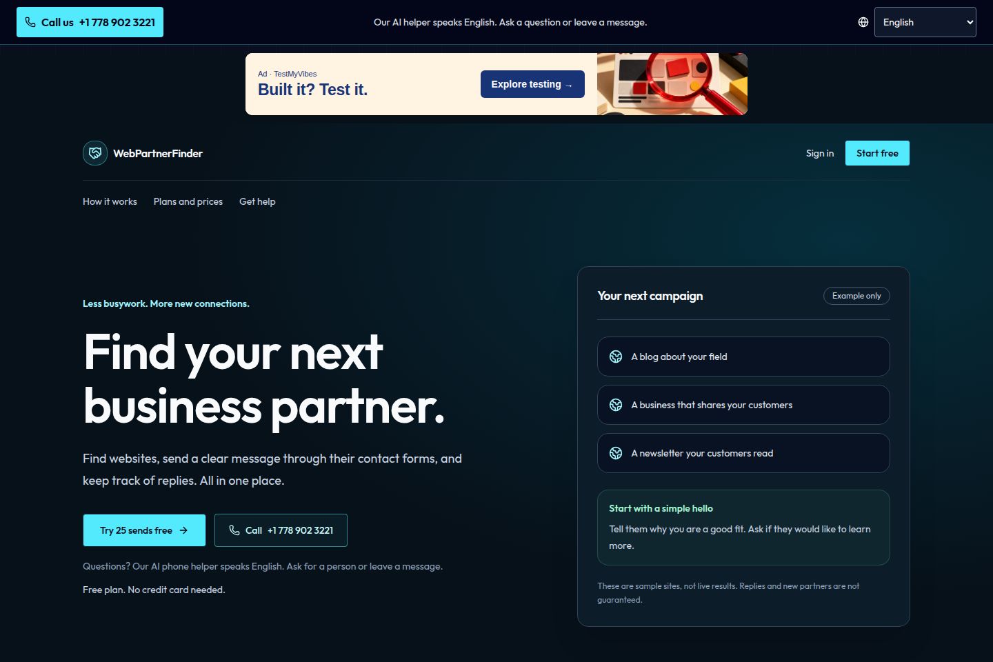 Public website screenshot of WebPartnerFinder